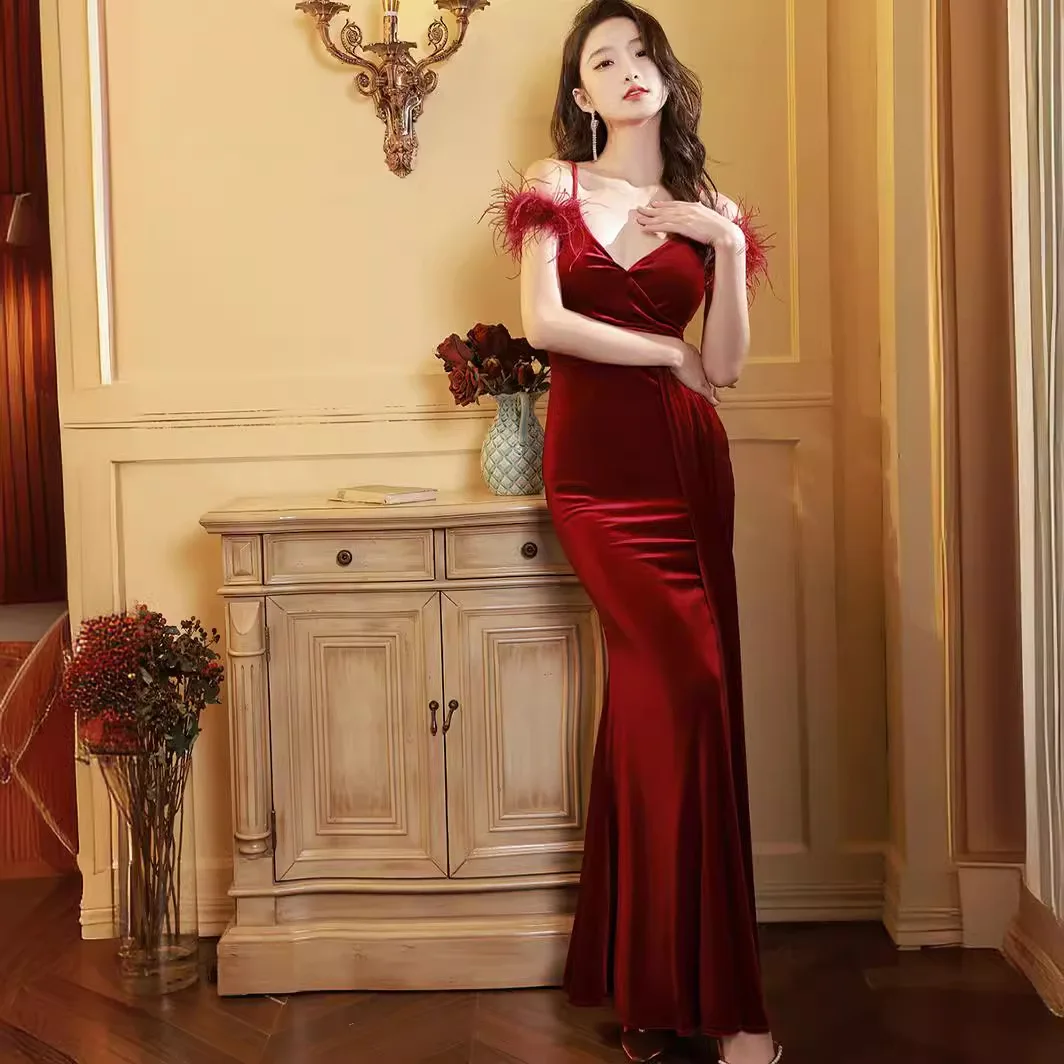 Wine Red Vintage Velvet Dress Winter Sling Light Luxury Dress Art Exam Vocal Music Host Annual Meeting Dress Adult's Skirt