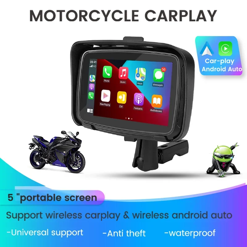 5 Inch Motorcycle Display Screen Multimedia Player For Wireless Carplay Android Auto Portable Motorbike Ipx7 Waterproof Gps Bt 