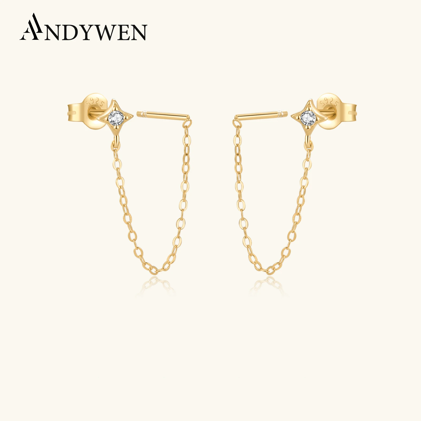 

ANDYWEN 925 Sterling Silver Gold Zircon CZ Star Chain 45cm Zircon CZ Long Luxury Fine Jewelry 2023 Party Jewels