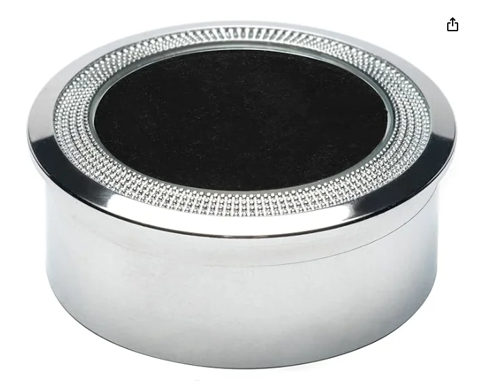 

Round Gemstone Display Jewelry Storage Case Clear Lid Diamond Loose Stones Silver Crystals 360 Degree View Metal Trinket
