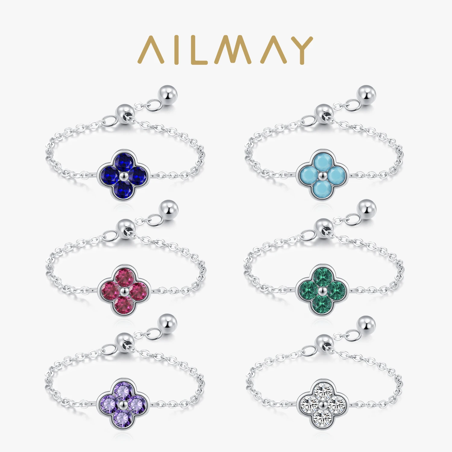 Ailmay 925 فضة محظوظ أربع أوراق البرسيم قابل للتعديل سلسلة خواتم للنساء الحلو قوس قزح اللون الزركون مجوهرات الأزياء #1