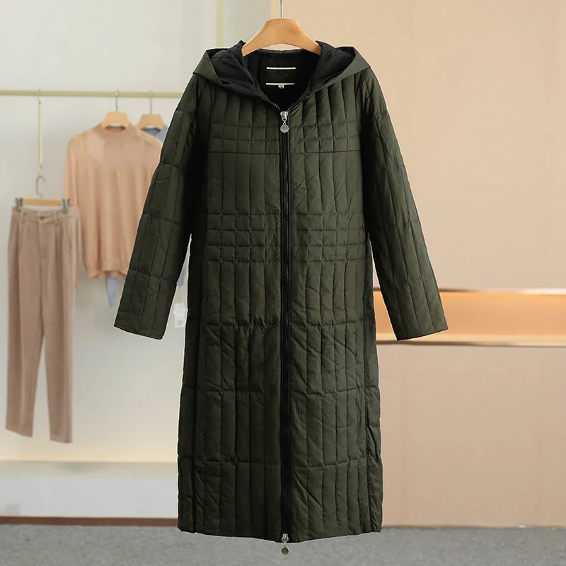 

Легкая удлиненная куртка с капюшоном прямого кроя на двойной молнии, зимняя модная новинка, женская одежда, тонкий наполнитель из утиного пуха