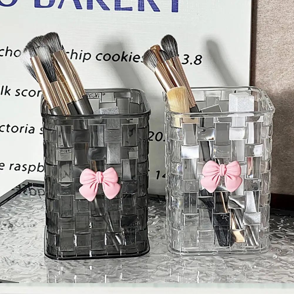 Organizador de Brochas de Maquillaje Transparente con Decoración de Lazo, Caja de Almacenamiento de Cosméticos con Textura Trenzada para Brochas, Lápices Labiales y Delineadores de Cejas, Sin Tapa