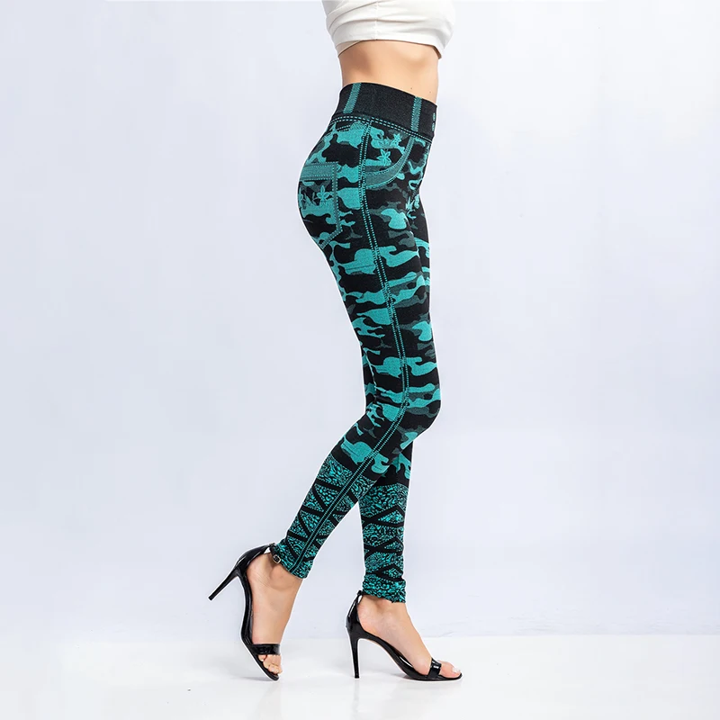 CUHAKCI Women High Waist Green Camouflage Tight Fake Pocket Print Pencil Pants Workout Yoga Leggings Stretch Slim Fit Jeggings