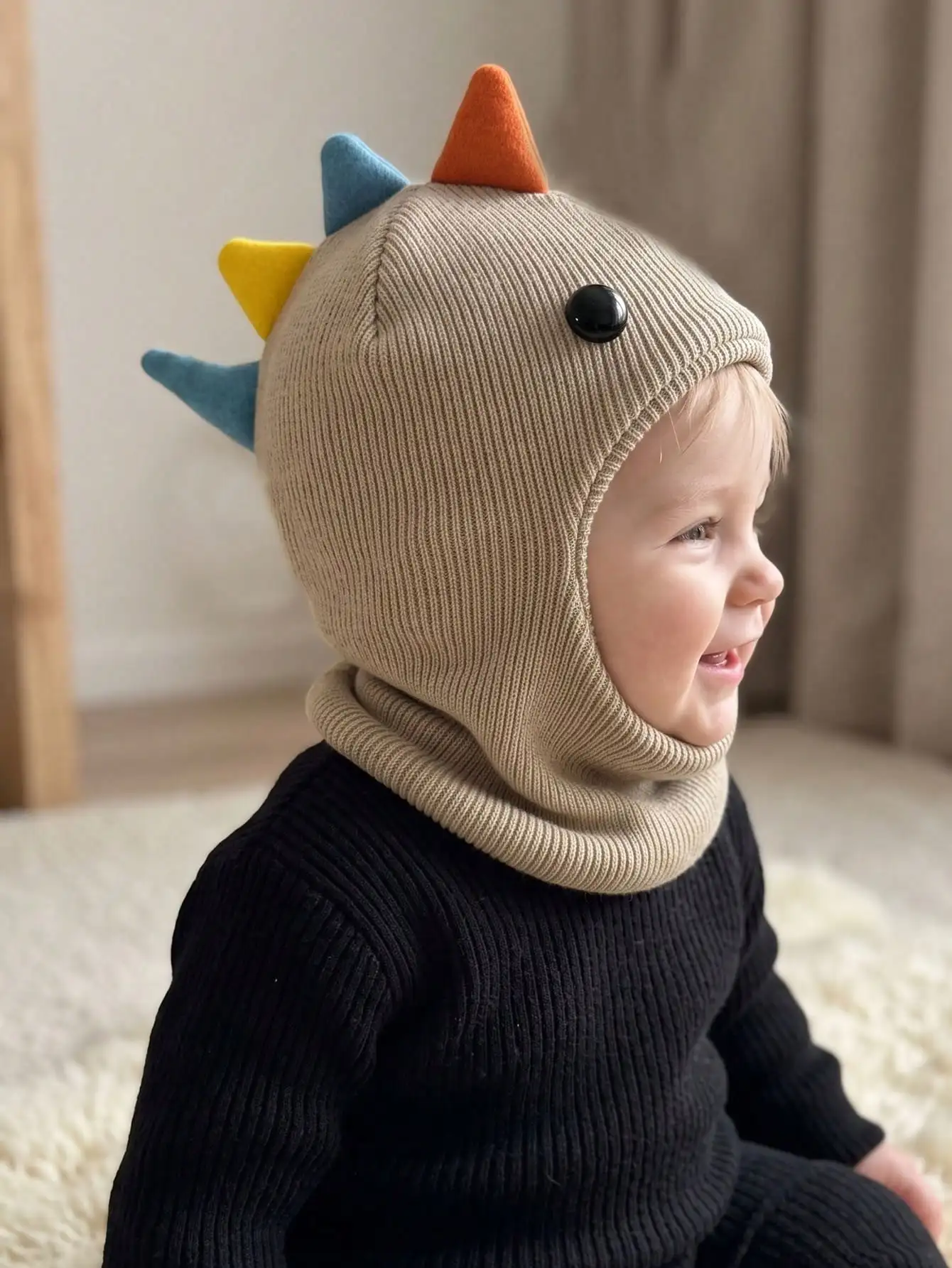 1Pc Boys Dinosaur Knit Balaclava Hat, Hat & Scarf Integrated Design, Cute Full‑Cover Headwear for Little Boys Daily Outfits
