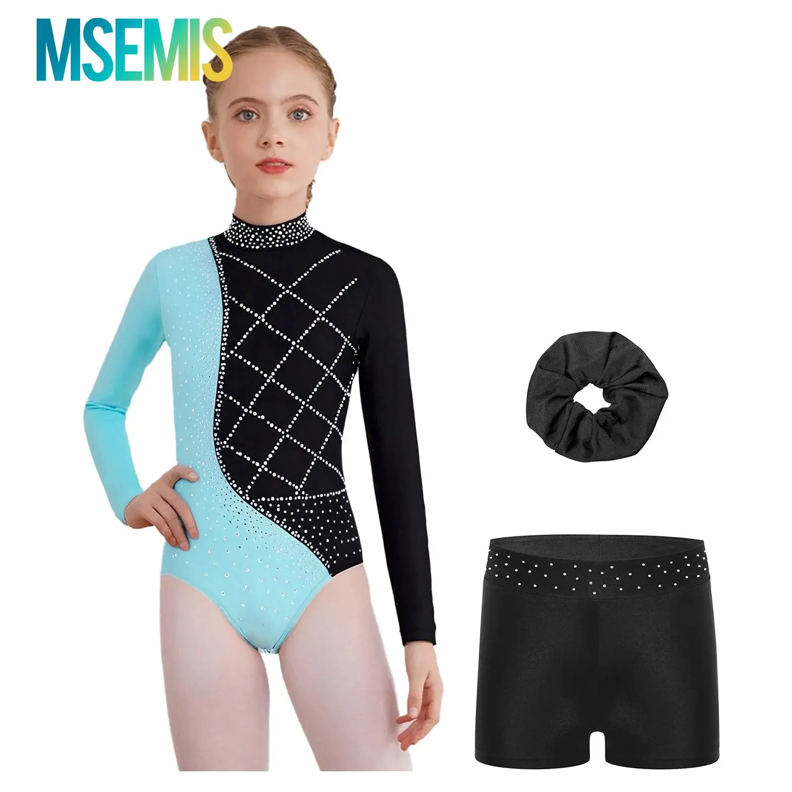 

Детские балетные трико с длинными рукавами и блестящими стразами для девочек, шорты и повязка для волос, гимнастический костюм для фигурного катания и танцев