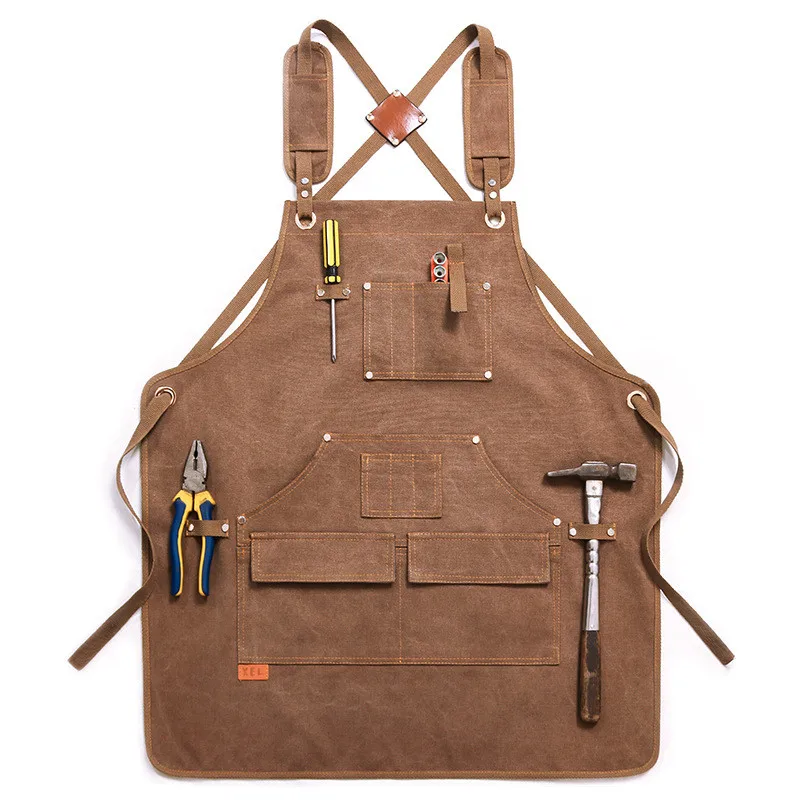 

Durable Unisex Canvas Work Apron Barber Baking Cafe Garden Carpentry Restaurant Adjustable Work Wear Apron with Tool Pockets