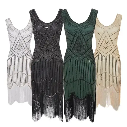 Damklänning 1920-tals Great Gatsby Flapper Vestidos Paljettpärlklänning med fransar Kvällsklänning V-ringning Utsmyckad fransad Ärmlös 10 best sales 1920-talsklänning - №2