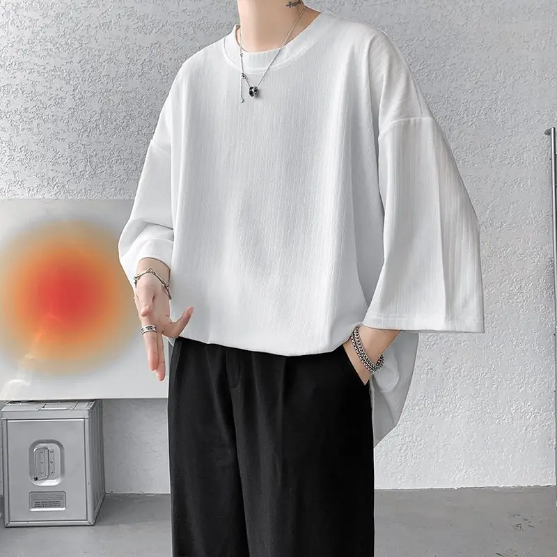 Comfortable Three Quarter Sleeve Round Neck Casual Solid Oversized Pullovers Loose T-Shirts Fashion Summer Thin Men\'s Clothing