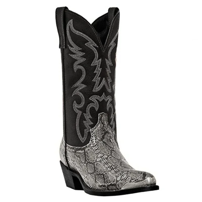 Snake Pattern Cowboy Boots Men Handmade Mid-calf Mens Boots Retro Pointed-top Western Boots Plus Size 38-48 Unisex Shoes Botas
