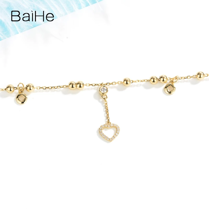 BAIHE Solid 18K Yellow Gold 0.12ct H/SI Natural Diamond Heart Bracelet Women Wedding Trendy Fine Jewelry Making pulseras mujer