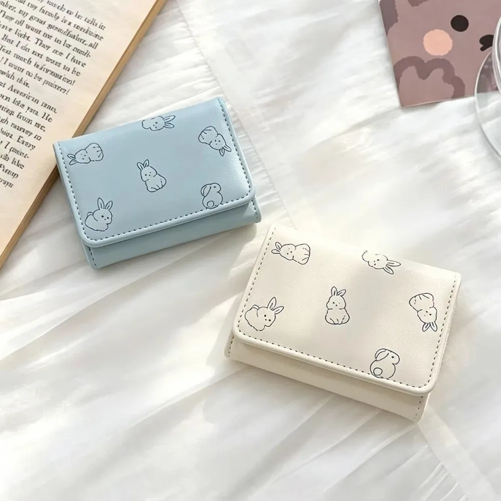 Trifold Design Short Trifold Wallet Korean Style Bunny Print Fashion Card Case Multiple Pockets Compact Size