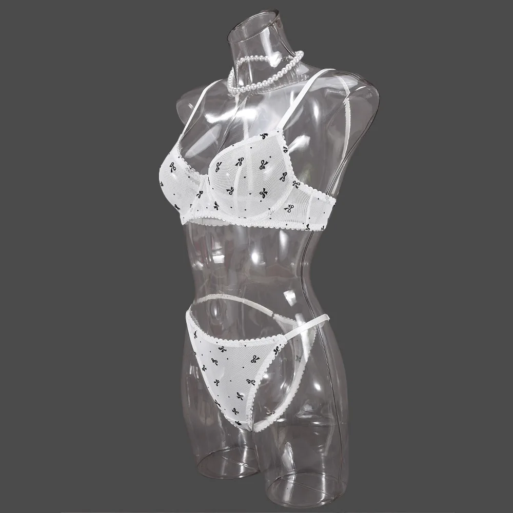 

Bowknot Print French Underwear Polka Dot Sexy Outfits For Woman Seamless Intimate See Through Exotic Bilizna Set