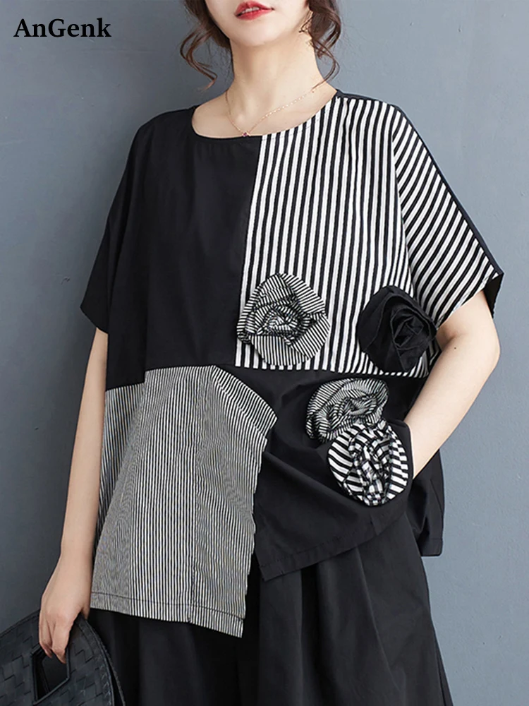 

Black Vintage Oversized Striped Patchwork T-shirt Women 2025 Summer New Short Sleeve Loose Casual Tshirt Tops Fashion Clothing