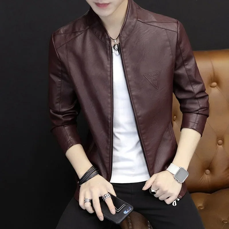 Large Size Trendy Biker Leather Jacket New Men Slim-Fit Leather Coat Winter Fleece-Lined Solid Color Casual Leather Jacket