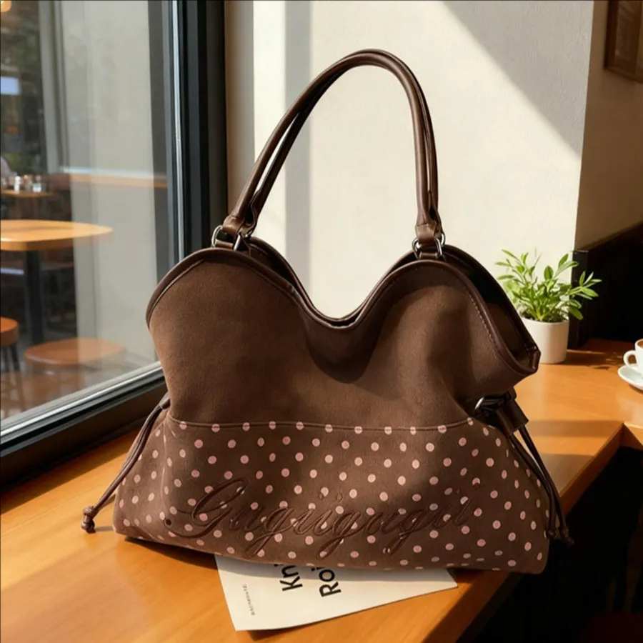 

Замшевая большая сумка в горошек, корейский леопардовый принт, дизайн с буквами, женская большая вместительная сумка на плечо на шнурке, модная повседневная сумка