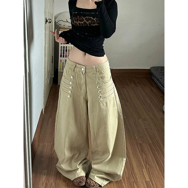 Women Khaki Gothic Y2k Scimitar Jeans Vintage 2000s Grunge American Style Jeans Pants Baggy Wide Leg Denim Pants Clothes