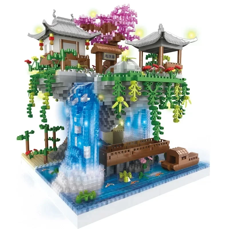 City Architecture Building Blocks Mini Tree House Peach Blossom Pond With Light Set Children Toy Holiday Christmas Gift