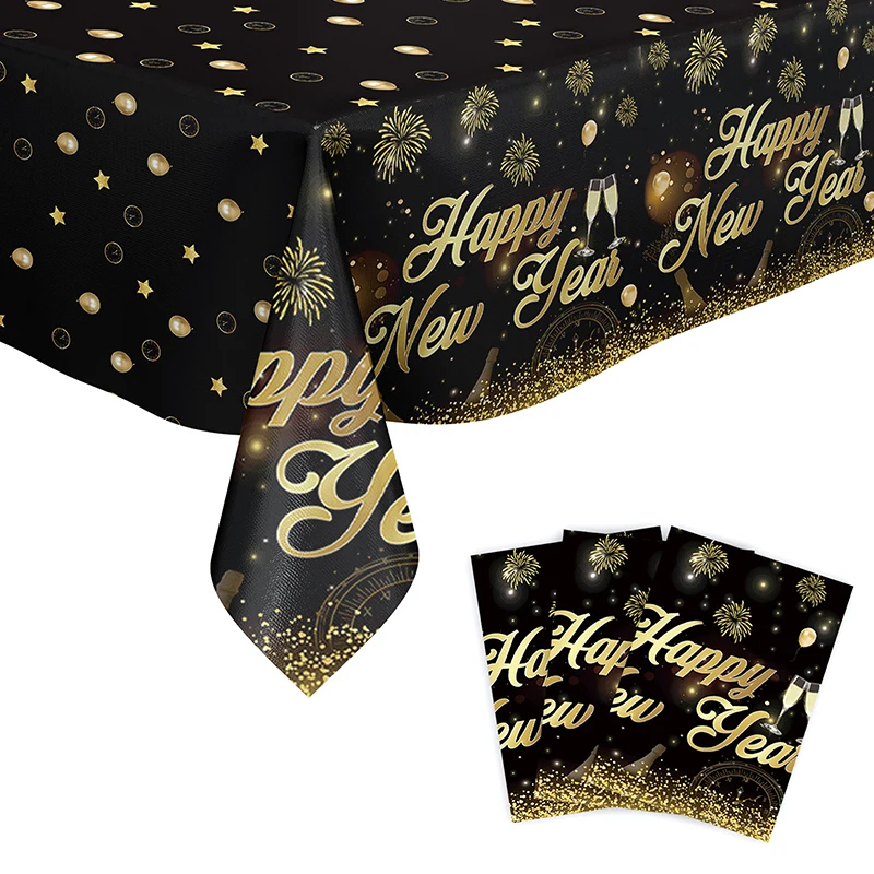 New Years Eve บนโต๊ะอาหาร 2025 Gold และ Black กระดาษทิ้งแผ่นถ้วยผ้าเช็ดปาก New Year Party อุปกรณ์ตกแต่ง