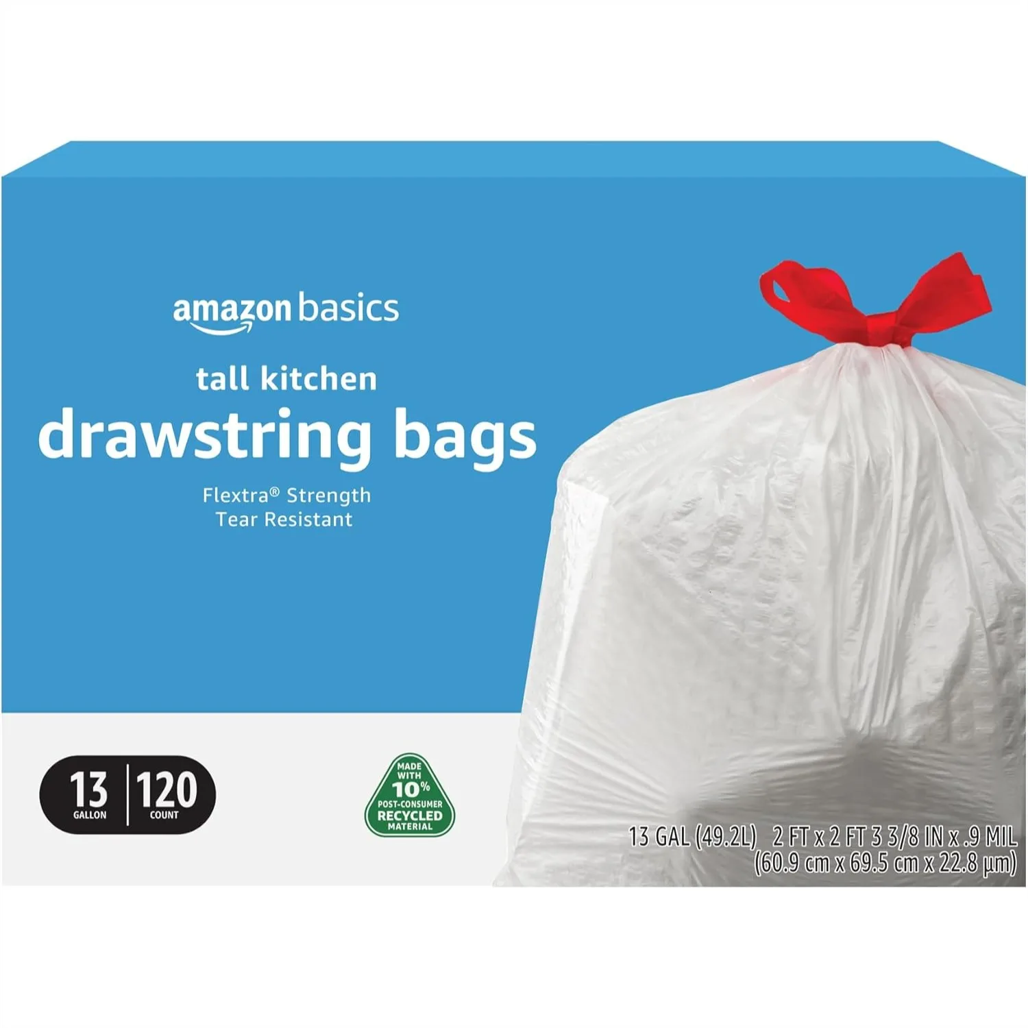 

13 Gallon Tall Kitchen Drawstring Trash Bags, Flextra Strength Tear Resistant, Clean Fresh Scent, 120 Count