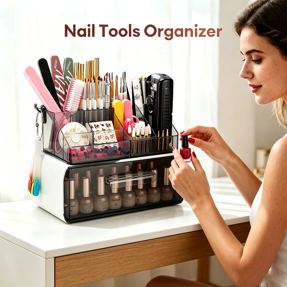 Nail Tech Organizer 53 Holes Nail Drill Holder with 24 Bottle Nail Polish Storage Box Multi Layer Manicure Tool Organizer Rack for Nail Art Supplies & Salon Desk