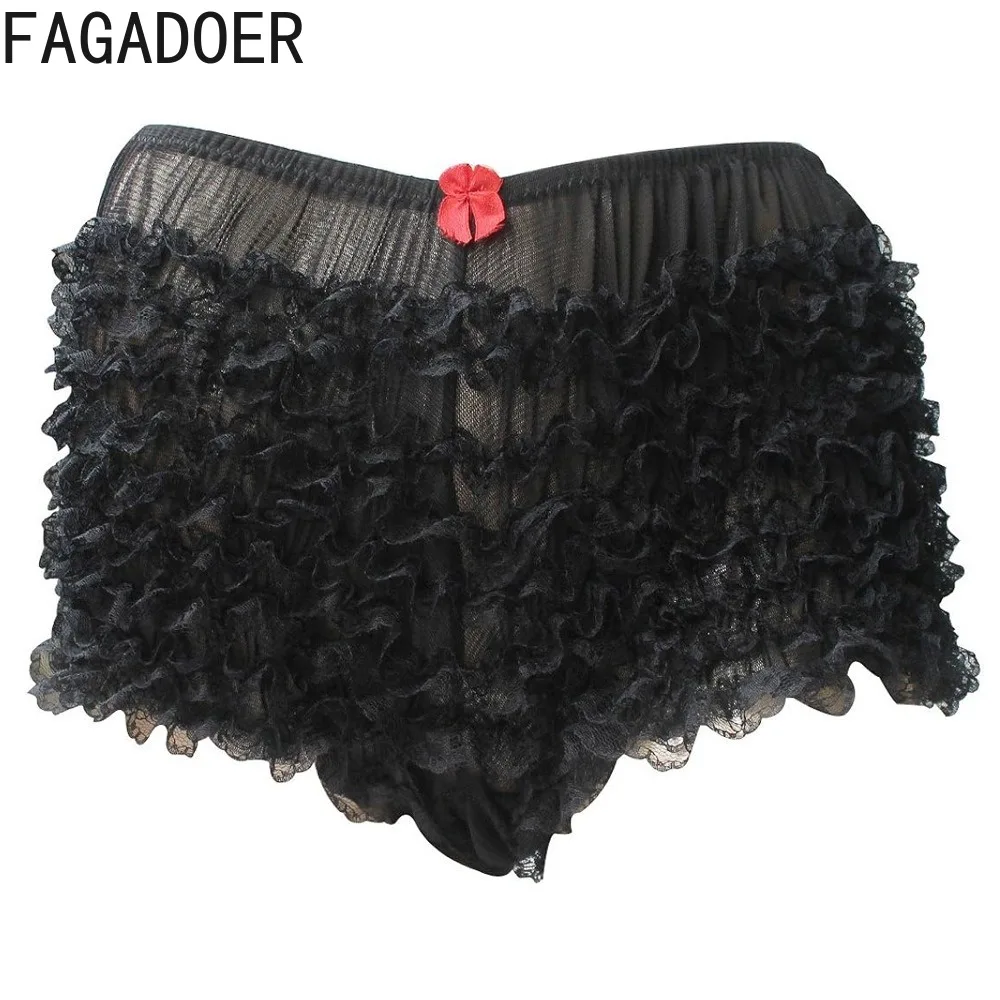 FAGADOER Y2K Cute Sweet Lace Shorts Women Solid Color Low Waist Ruched Patchwork Bodycon Shorts Hot Girl Streetwear Bottoms
