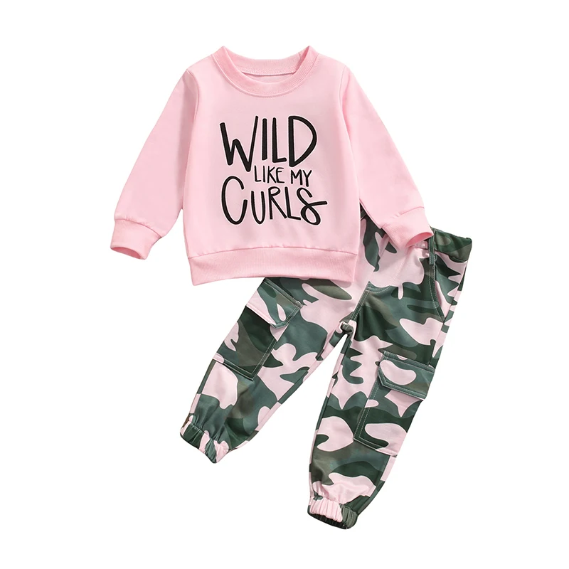 

Toddler Girls 2 Piece Outfit Letter Print Long Sleeve Sweatshirt and Elastic Camouflage Pants Set Baby Fall Clothes