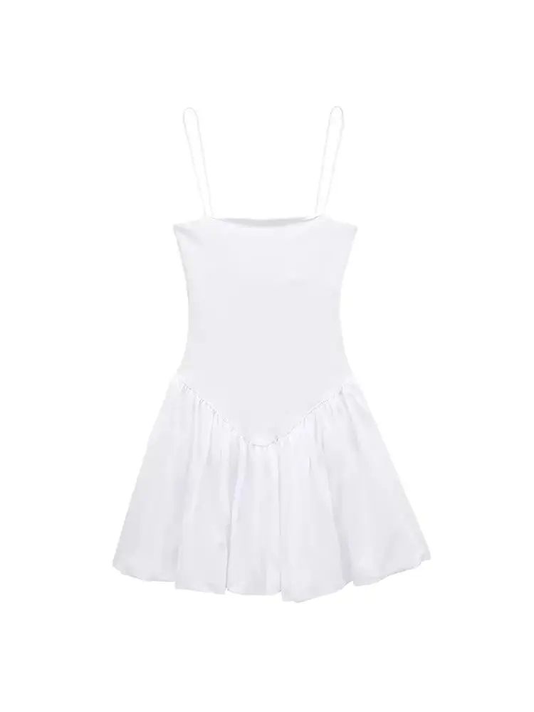 TRZA-Women's Patchwork Ribbed Poplin Puff Mini Dress, Straight Neck, Thin Straps, Female Dresses, Sexy Fashion image 4