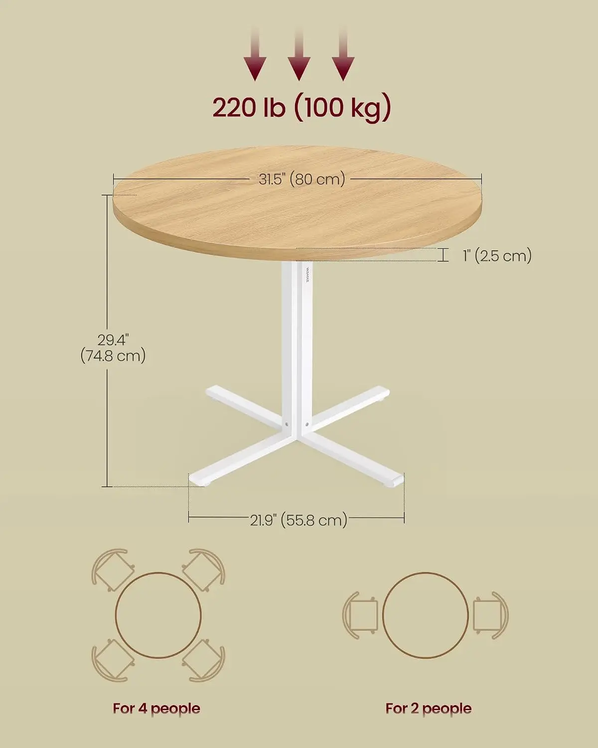 Dining Table, Small Round Kitchen Table for 4 People, 31.5 x 29.4 Inches, for Dining Room, Living Room, Farmhouse, Water-Resistant, Oka Beige UKDT082Y02