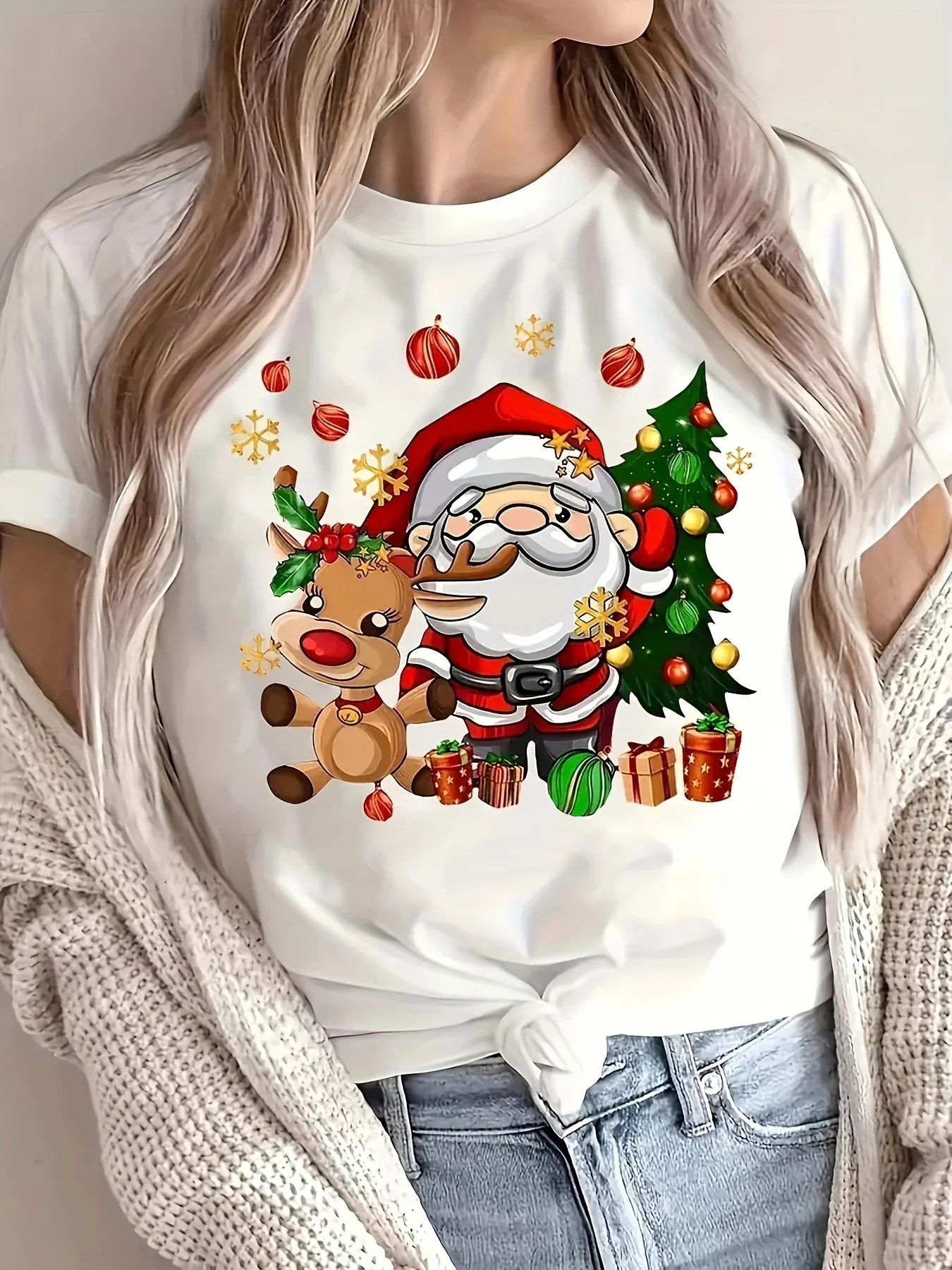 2026 Christmas Santa and Reindeer Print Crew Neck T-Shirt Harajuku Sleeve Women's T-shirt Clothing Street Tees Aesthetic Tops