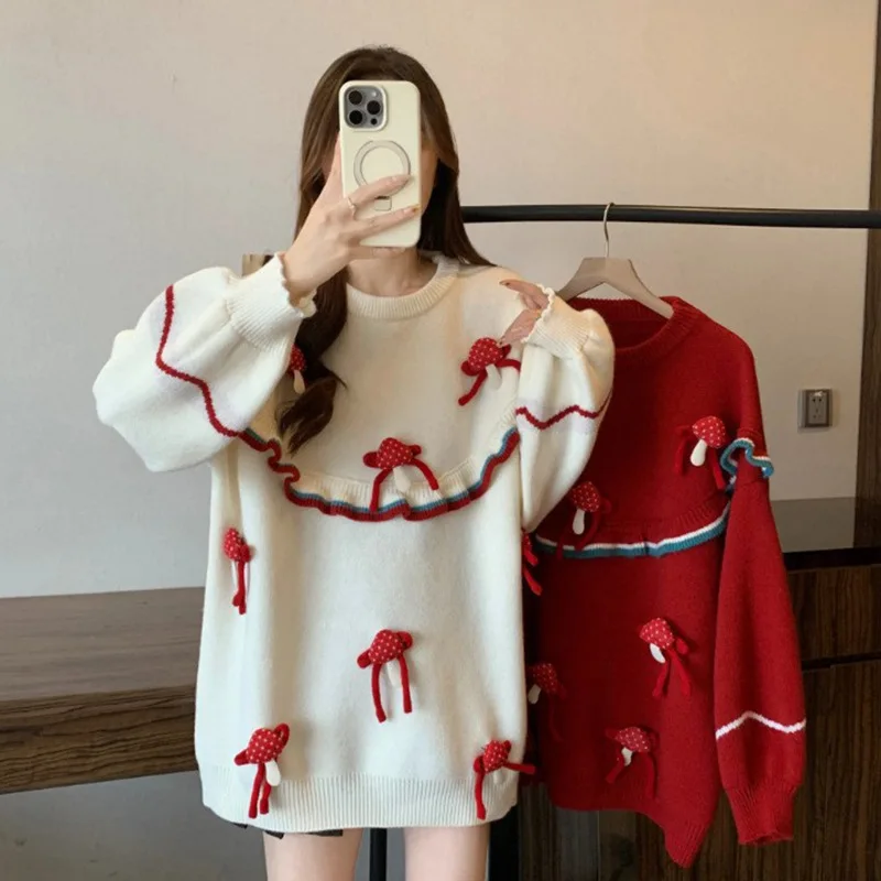 

Vintage Christmas Red Knit Sweater Women 3D Mushroom Ruffle Loose Pullover New Winter Comfortable Straight Fit Warm Knitweater