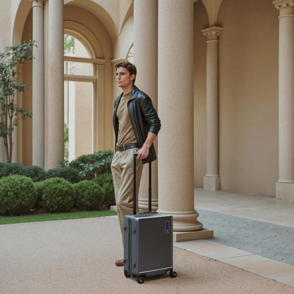 LEVEL8 حقيبة حمل بدون سحاب على الأمتعة معتمدة من شركة الطيران بإطار من الألومنيوم، حقيبة ذات هيكل صلب مع عجلات دوارة، فحص معدني