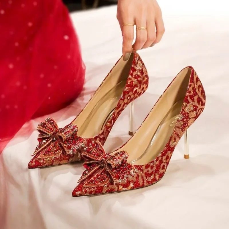 2024 New Pointed Thin Heel Bow High Heel Red Wedding Shoes Don\'t Tire Your Feet