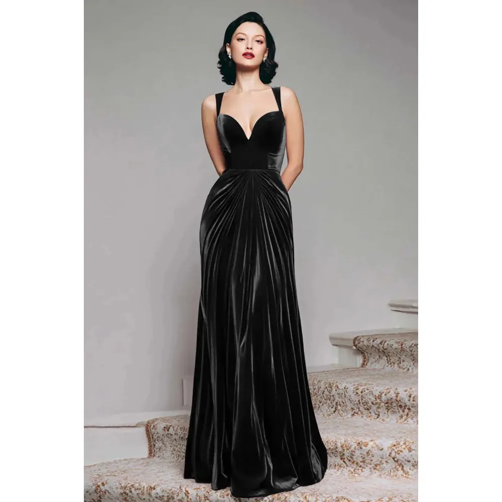 

Luxury Women Black Velvet Evening Dress 2026 New Arrival Deep V Neck Thin Strap Ruched Waist Floor-Length Formal Gala Red Carpet