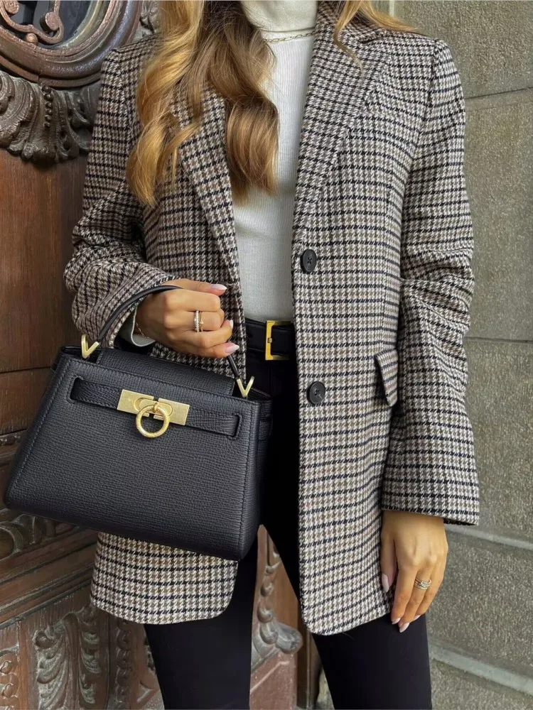 Blazer pied de poule slim da donna autunnale con spalline Top casual da donna a maniche lunghe Cappotti femminili chic