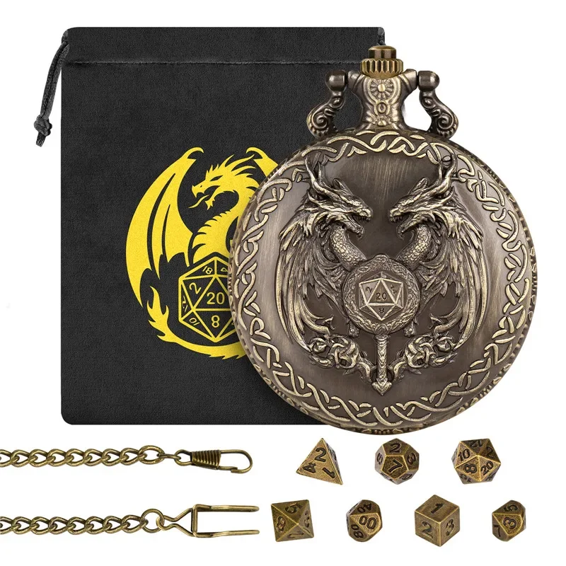

Steampunk Double Dragon Head Pocket Watch Case with 7pcs/set Mini Size Metal Polyhedral Dice Board Role Play Game Accessory Bag