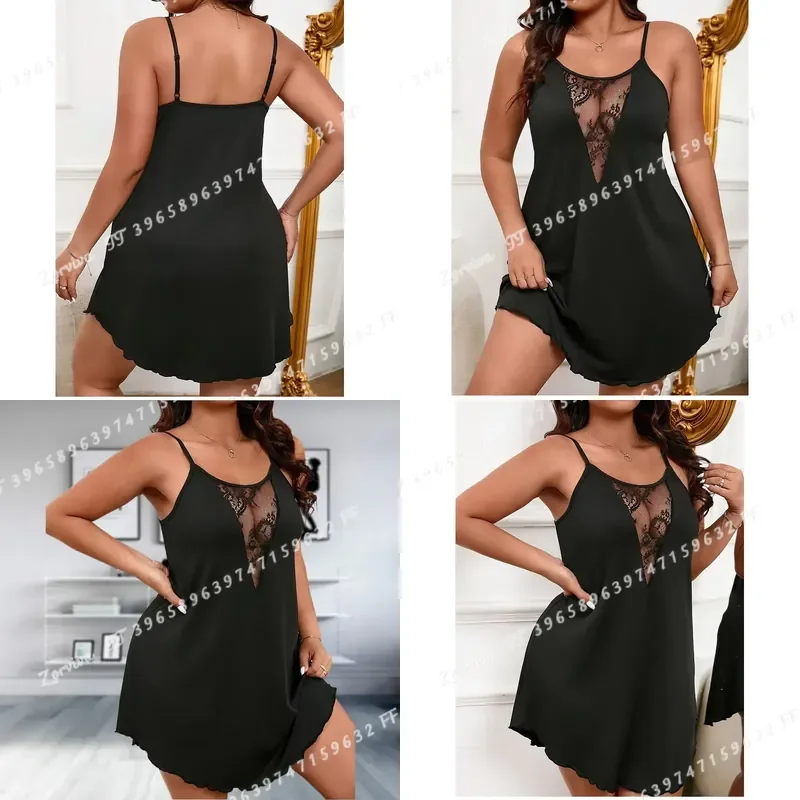 Sexy Black Satin Nightgown for Women Plus Size Lace Trim Hollow Out Spaghetti Strap Dress Fit Sleepwear Date Night Pajamas