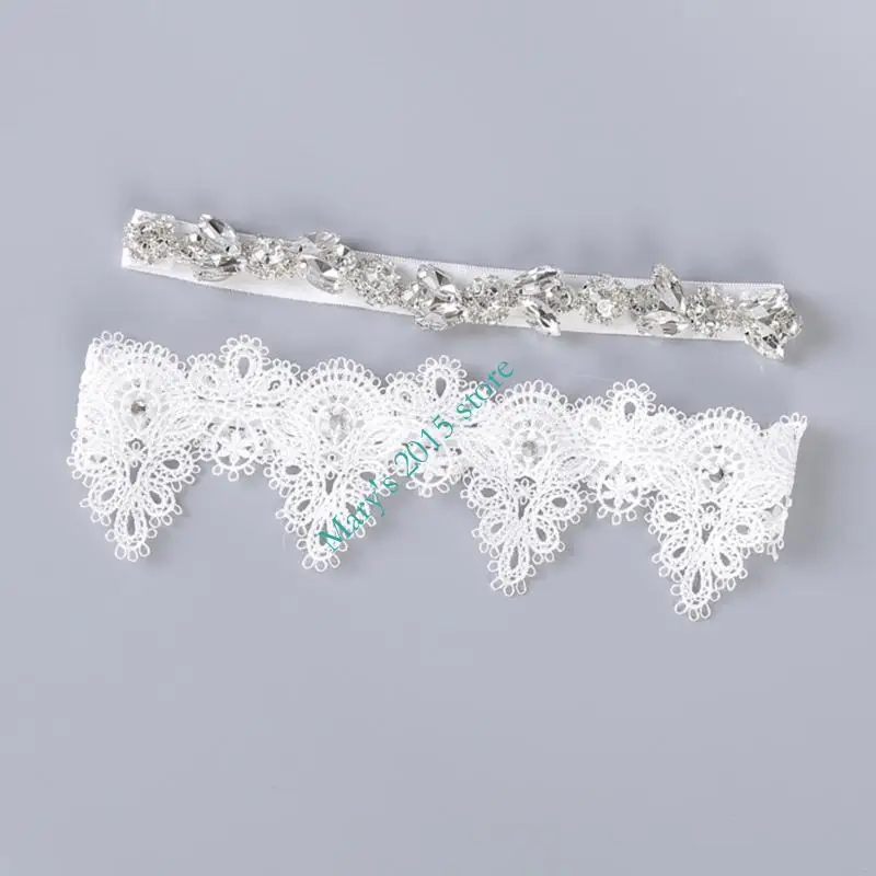 2PCS Elegant Bridal Garter with Rhinestones Decors for Wedding Ceremony Dressingup Lace Leg Garters for Special Event