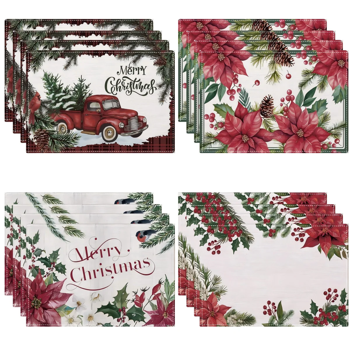 Christmas Flowers Print Placemats Decorative Holiday Table Pad Seasonal Xmas Decor Farmhouse Indoor Vintage Table Mat Deor
