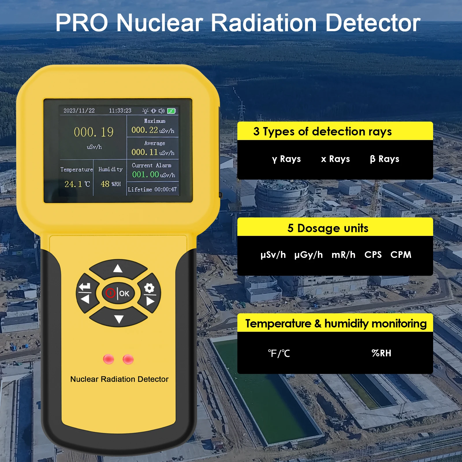 HOLDPEAK Détecteur de rayonnement nucléaire Compteur Geiger Dosimètre personnel Détecteur de rayonnement β Y X-Ray Gamma, avec ensemble d\'alarme,