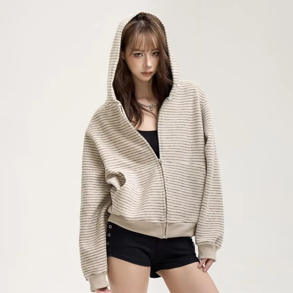 New Women's Striped Hoodie 2026 Autumn Winter Fashion Zip-Up Jacket Korean Style Trendy Apricot Hoodie Women Clothing