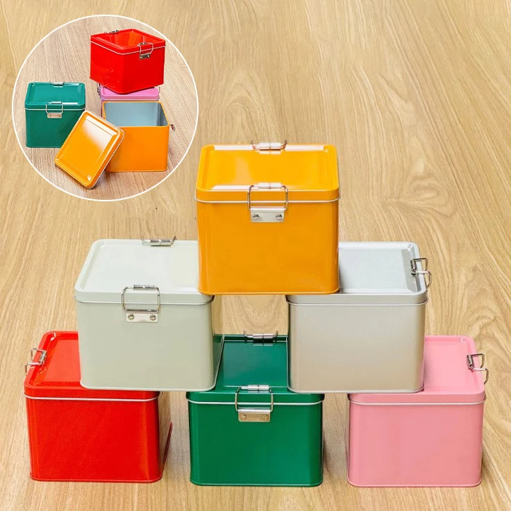Square Tinplate Cookie Tins Box With Lid Dustproof Home Kitchen Desktop Storage Tin Durable Buckle Iron Box