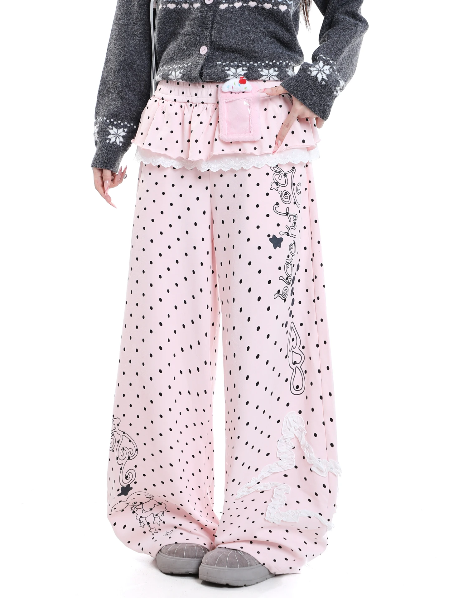 Retro Polka Dot Skirt  Splicing Wide Leg Pants Women's Loose Casual Pants Double Waist Design Casual Trousers