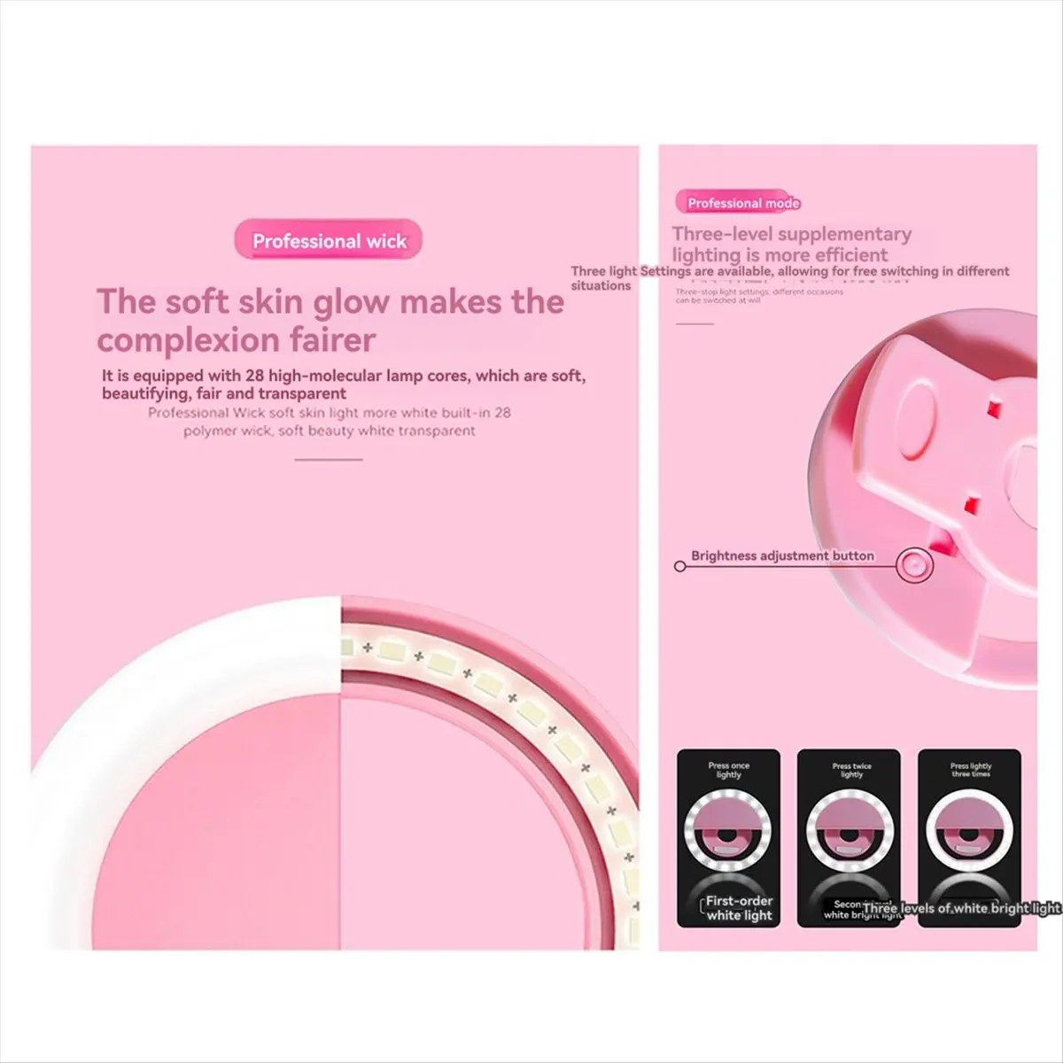 【BUY NOW】Rechargeable LED Selfie Ring Light with 3-Level Adjustable Brightness Portable Mobile Phone Lens Selfie Lamp Black