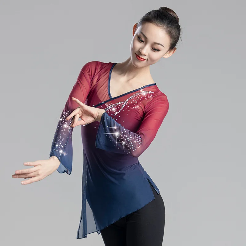 Classical Rhythmic Gauze Clothes Art Exam Dancing Dress Classic Dance Basic Training Gradient Long Sleeve with Body Charm Top