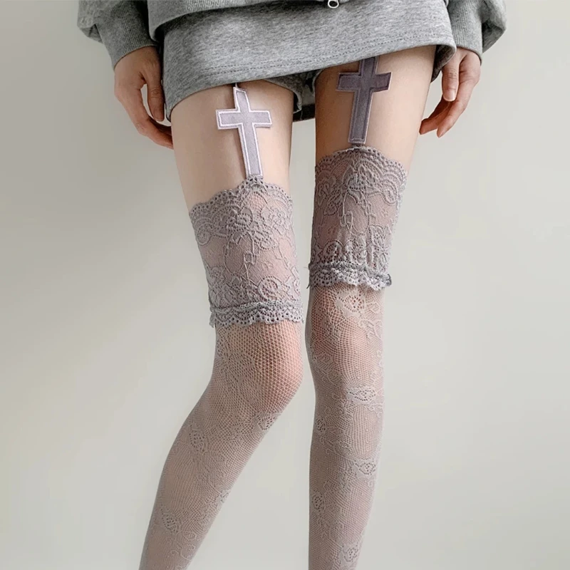 Damen Sexy Spitze Blumen Netzstrümpfe Kostüme JK Lolita Oberschenkelhohe Socken Nylon Mesh Atmungsaktive Overknee-Strümpfe