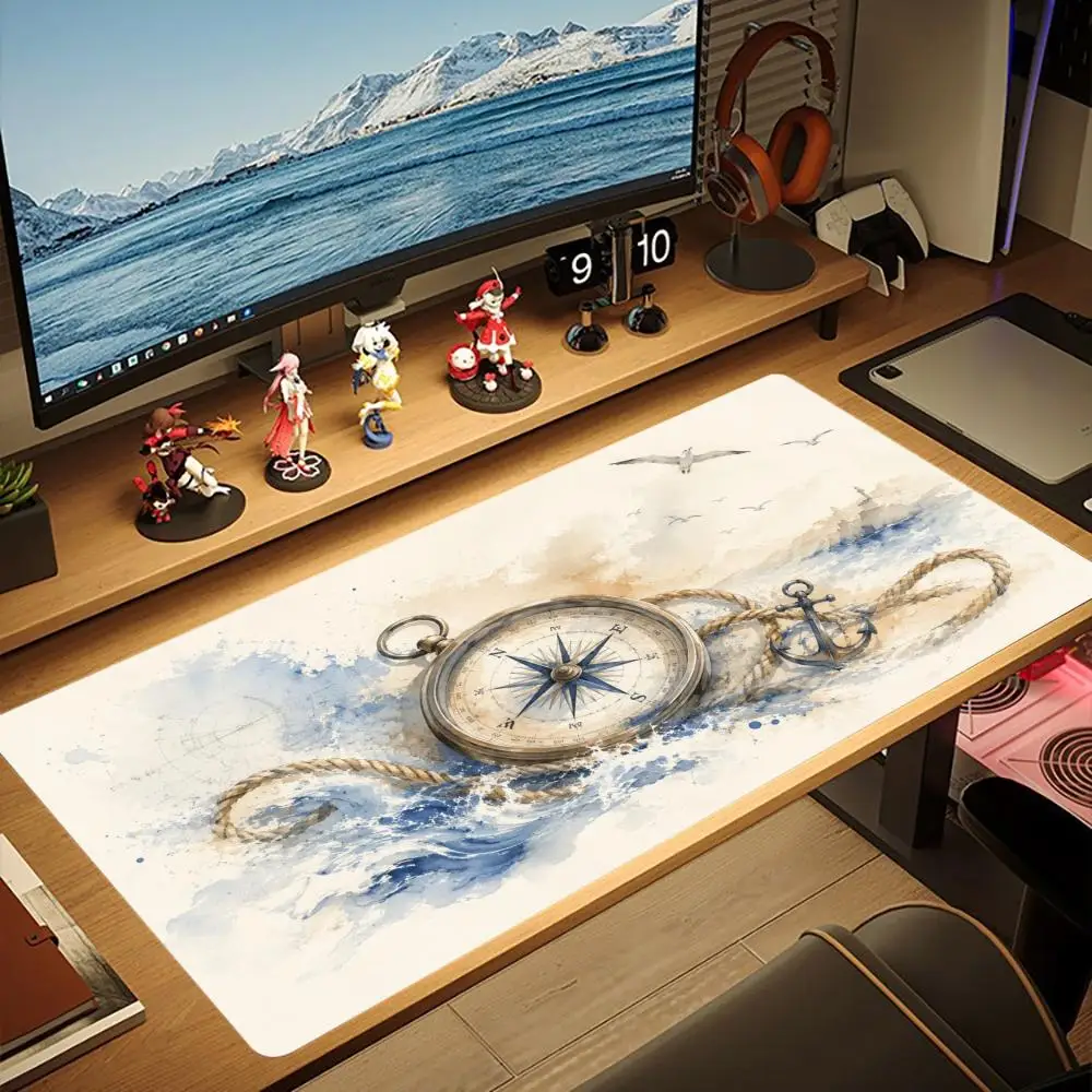 **Vintage Ocean Compass Anchor XXL Deskmat Mixed Watercolor Steampunk Mousepad Non-Slip Rubber Keyboard Pad Gamer Desktop Mat**