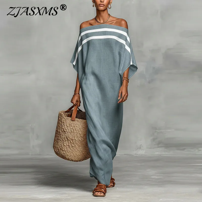 Vestido de Fiesta Elegante con Cuello en V, Estampado a Rayas, Estilo Boho, Largo, de Verano, con Hombros Descubiertos y Mangas Murciélago, para Mujer