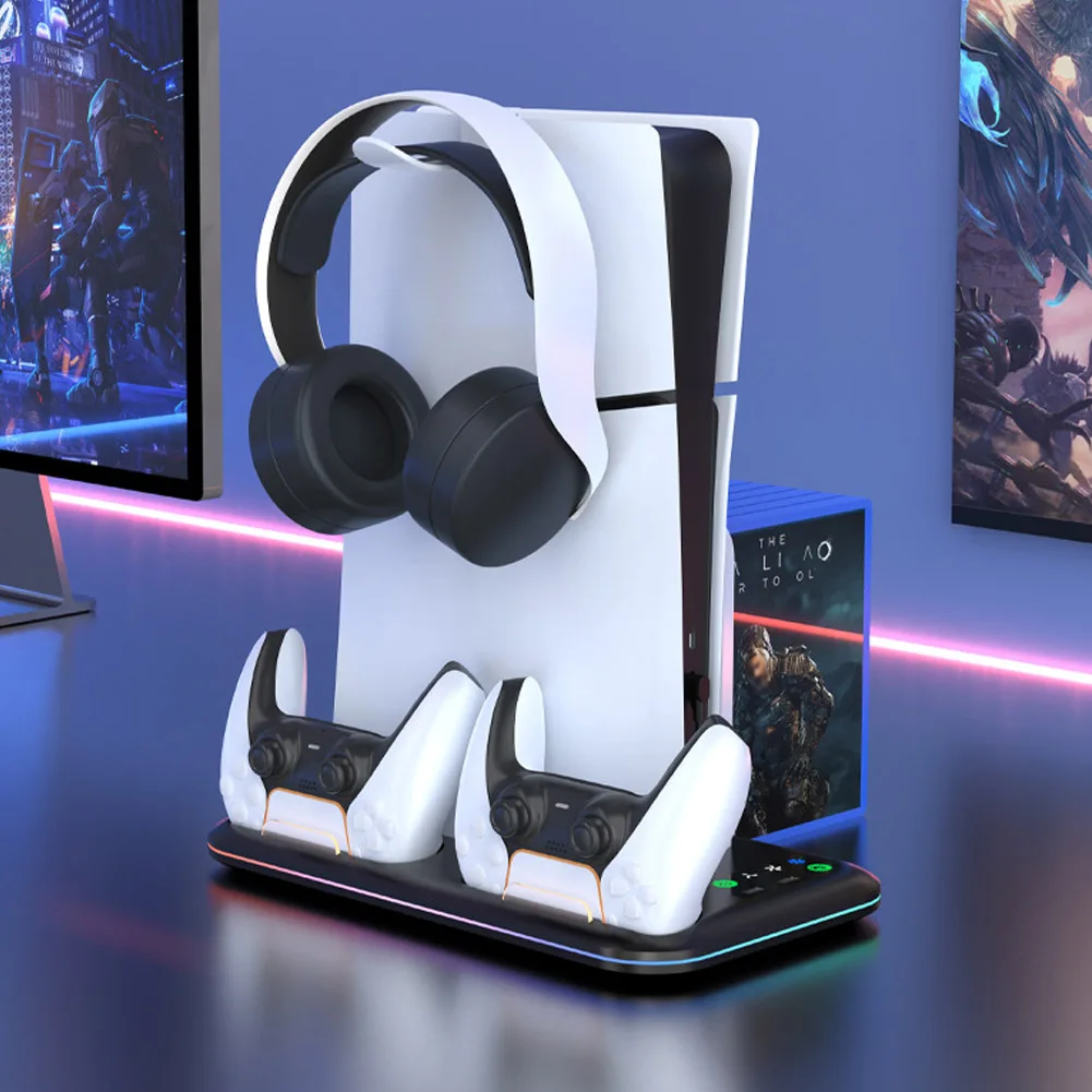PS5 Slim Console Cooling Stand, Controlador, Suporte de carregamento com fone de ouvido, Gancho Fan, Luzes W/ RGB, Disco e Digital