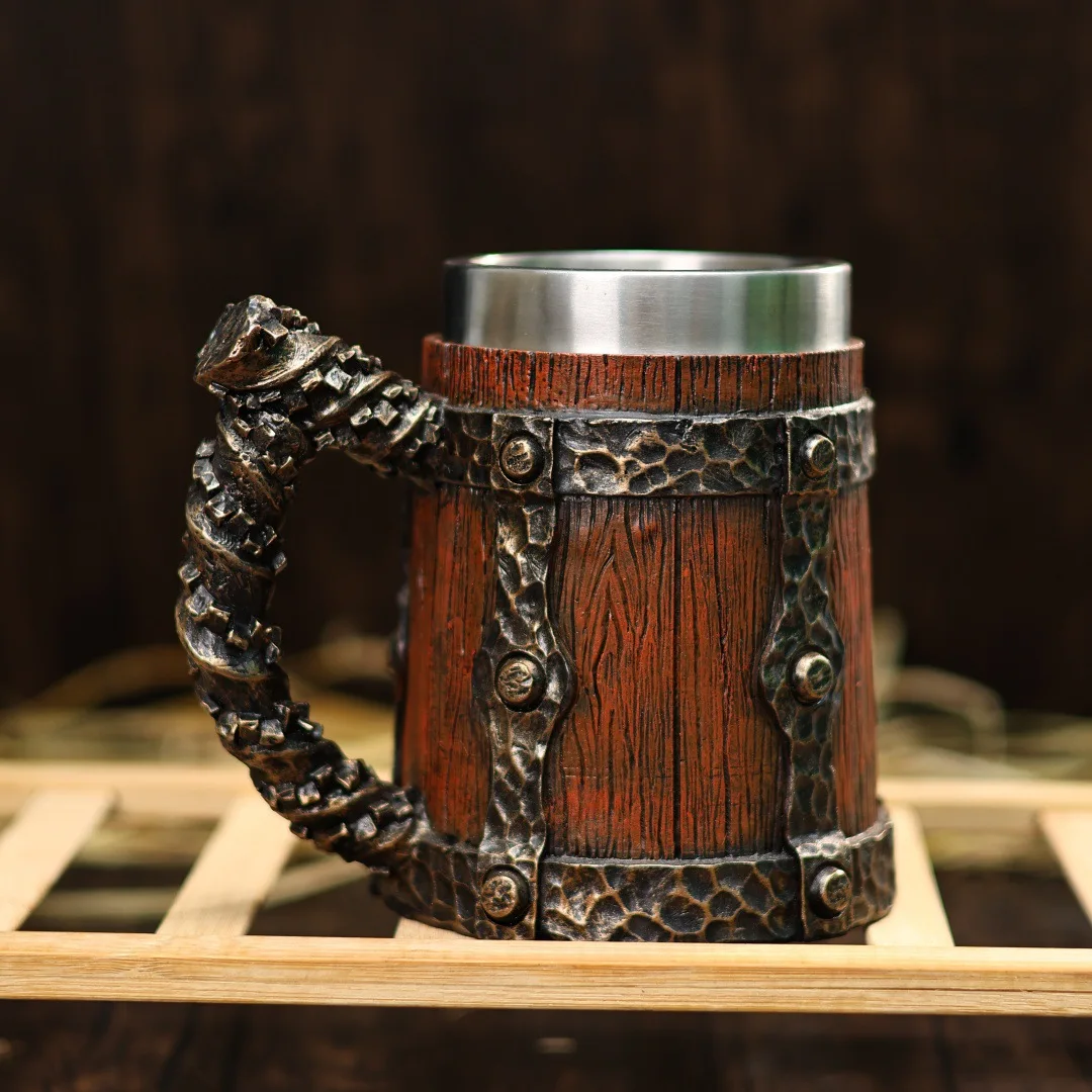 

New Tiki Imitation Wood Beer Mug, Stainless Steel Liner, Large Capacity,Retro Handmade Resin Cup for Bar Home Medieval Style